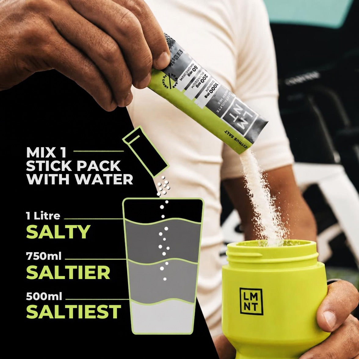 LMNT Citrus Salt mixing guide: add one stick to 500 mL of water for the saltiest taste, 750 mL for saltier or 1 L for salty.