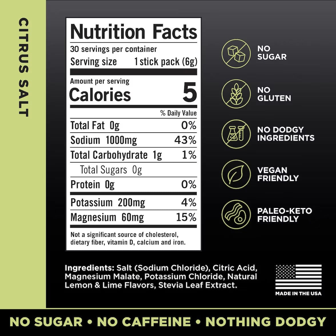 LMNT Citrus Salt nutrition label showing 1,000 mg sodium, 200 mg potassium, 60 mg magnesium and 0 g sugar per stick