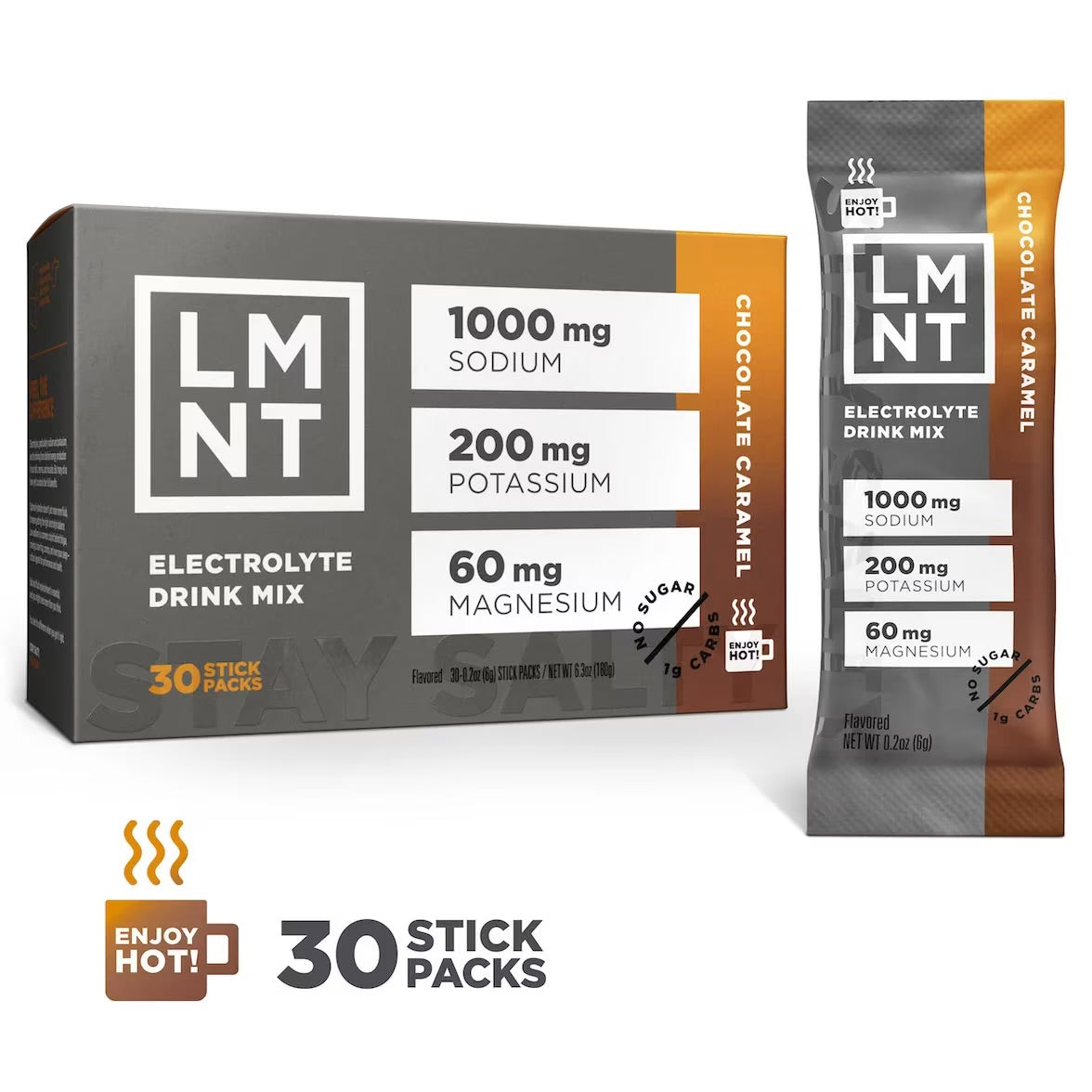 LMNT Chocolate Caramel electrolyte drink mix, showing the 30-stick box, one sachet and an “Enjoy Hot” symbol.