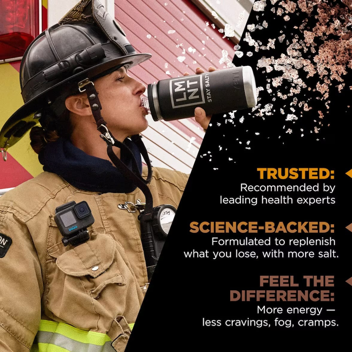 Firefighter drinking from an LMNT bottle beside Chocolate Caramel promotional text about hydration and energy.