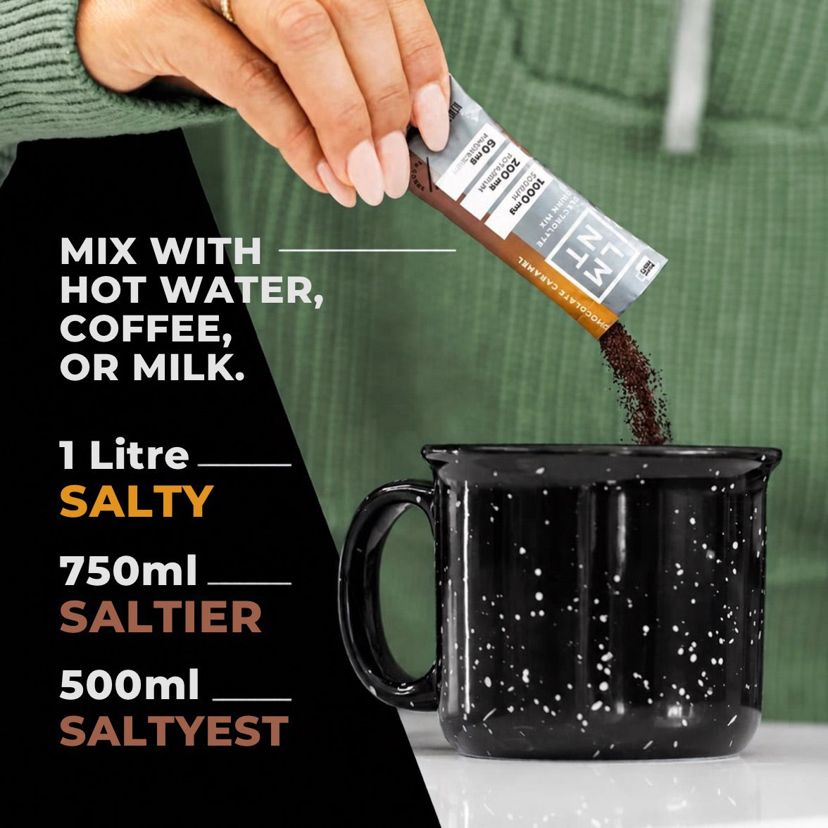 LMNT Chocolate Caramel powder poured into a mug, with instructions to mix with hot water, coffee or milk and a guide to drink strength.