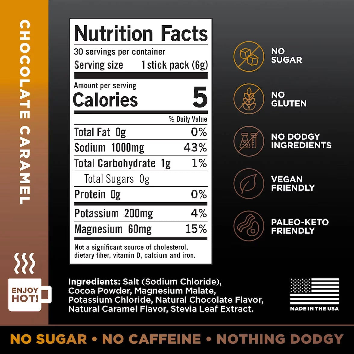 LMNT Chocolate Caramel nutrition facts and ingredients, showing 1,000 mg sodium, 200 mg potassium, 60 mg magnesium and 0 g sugar per stick pack.