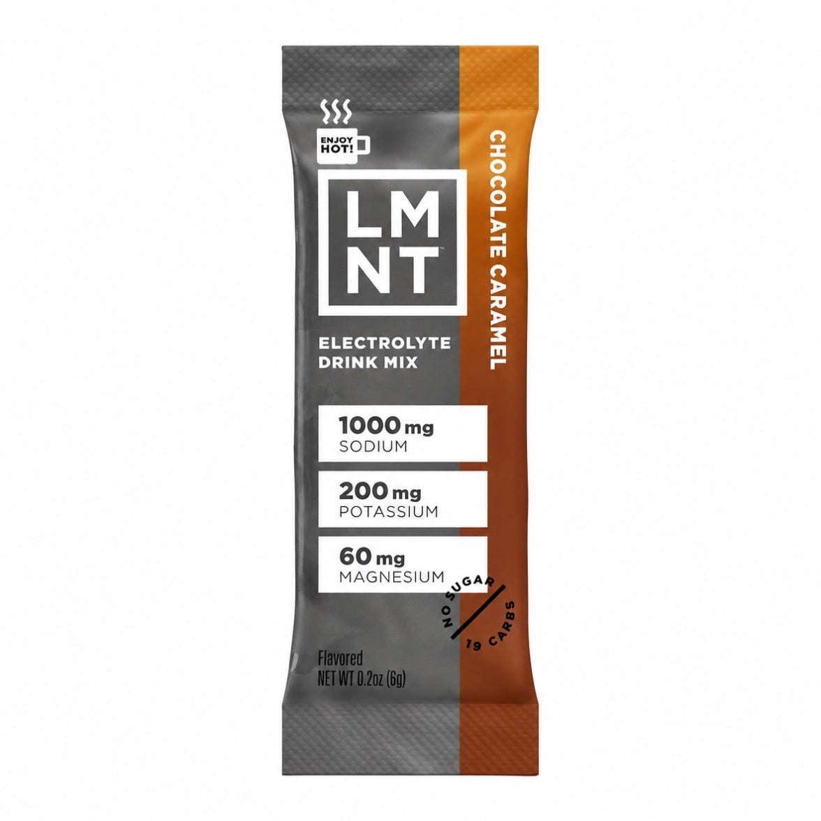 LMNT Chocolate Caramel electrolyte drink mix single stick sachet on a white background.