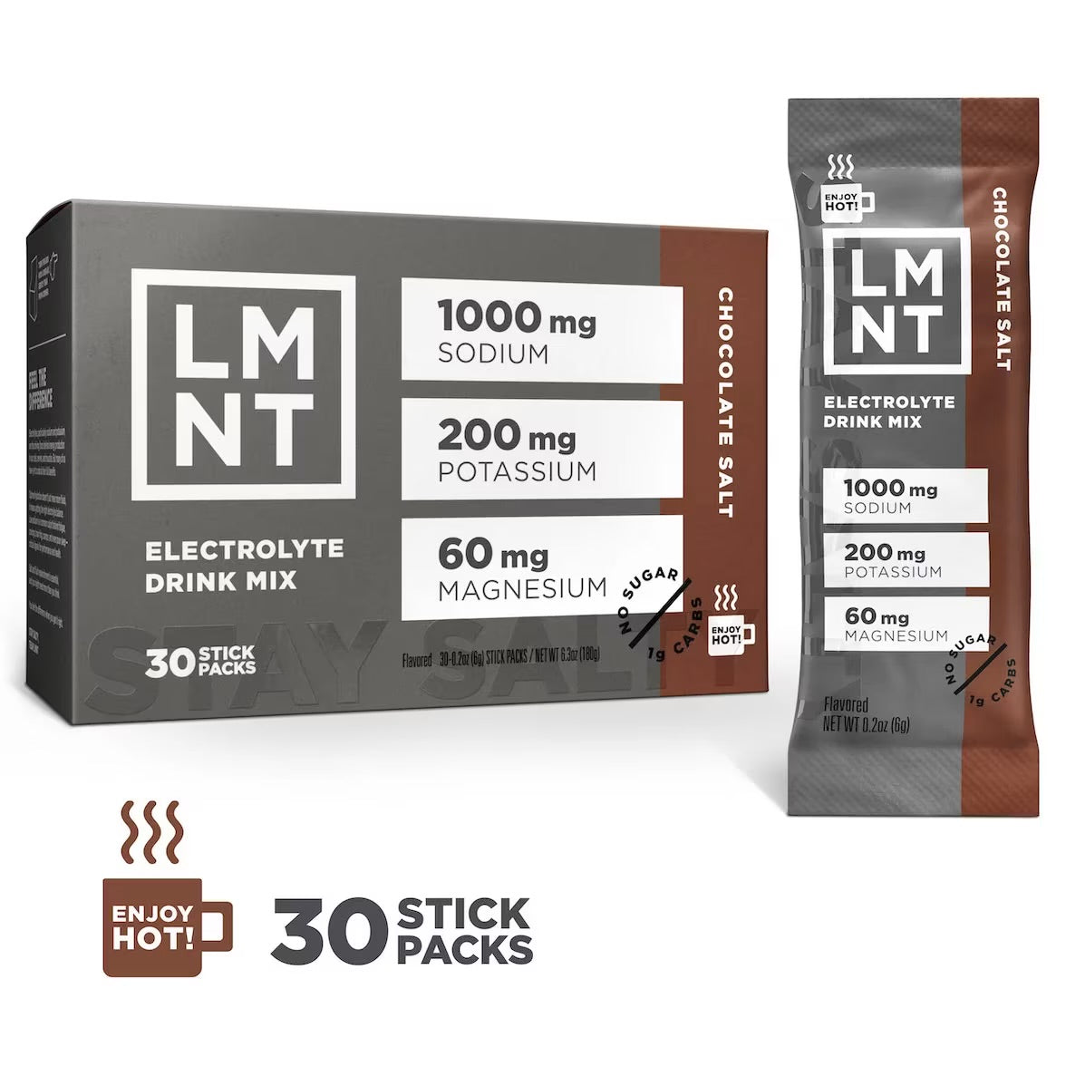 LMNT Chocolate Salt electrolyte drink mix, showing the 30-stick box, one sachet and an “Enjoy Hot” symbol.