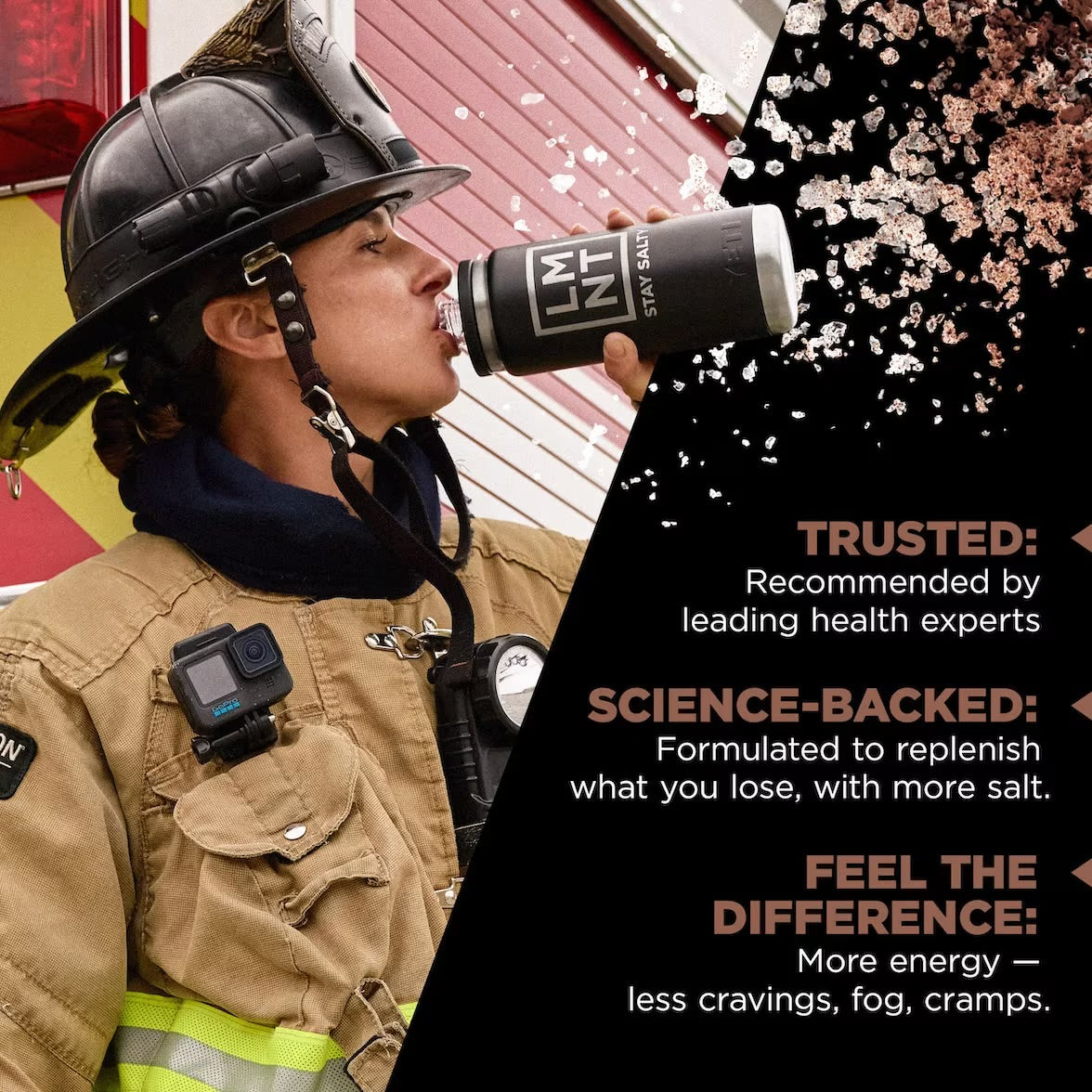 Firefighter drinking from an LMNT bottle beside Chocolate Salt promotional text about hydration and energy.