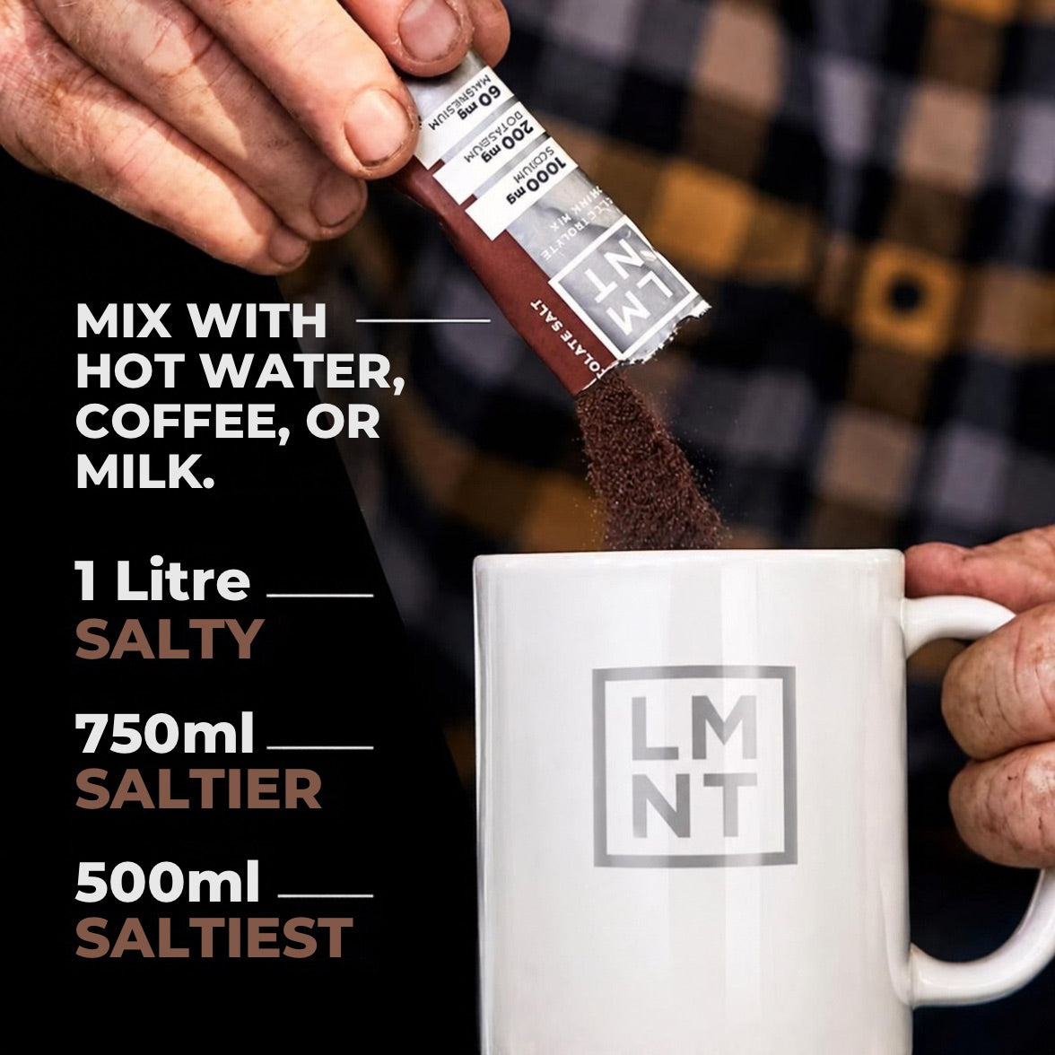 LMNT Chocolate Salt powder poured into a mug, with instructions to mix it with hot water, coffee or milk and a guide to drink strength.