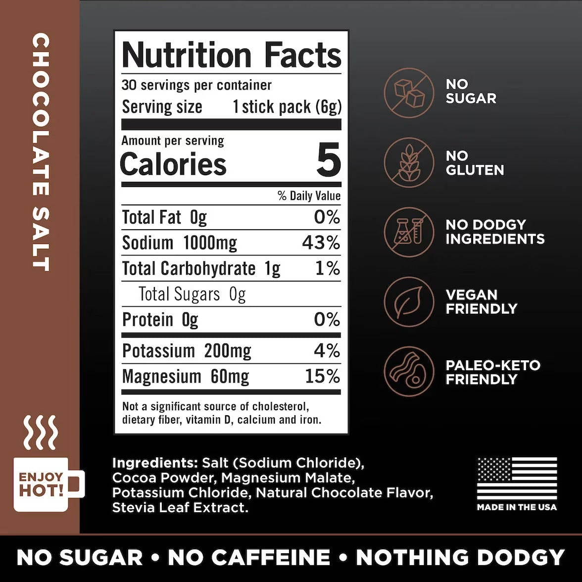 LMNT Chocolate Salt nutrition facts and ingredients, showing 1,000 mg sodium, 200 mg potassium, 60 mg magnesium and 0 g sugar per stick pack.