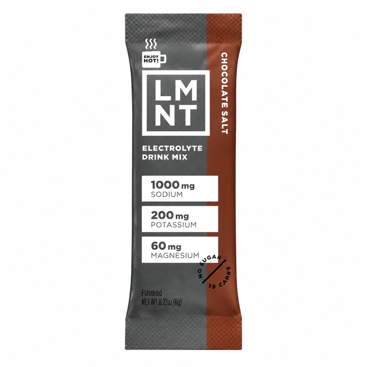 LMNT Chocolate Salt electrolyte drink mix single stick sachet on a white background.