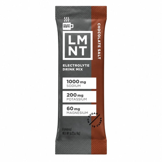 LMNT Chocolate Salt electrolyte drink mix single stick sachet on a white background.