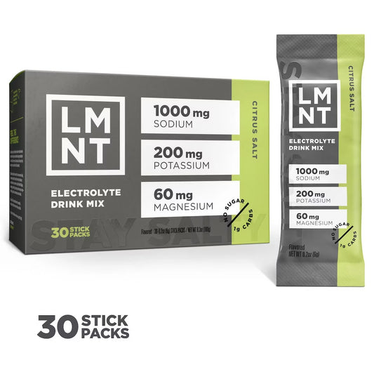 LMNT Citrus Salt electrolyte drink mix, showing the 30-stick box and one individual sachet