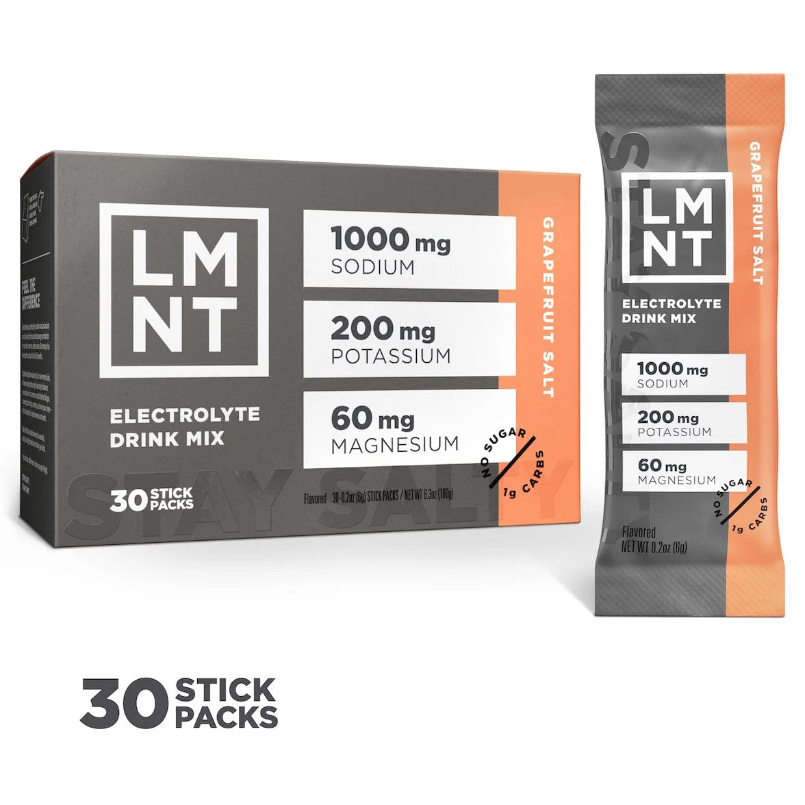 LMNT Grapefruit Salt electrolyte drink mix, showing the 30-stick box and one individual sachet.