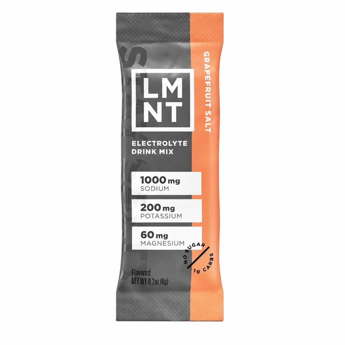 LMNT Grapefruit Salt electrolyte drink mix single stick sachet on a white background.