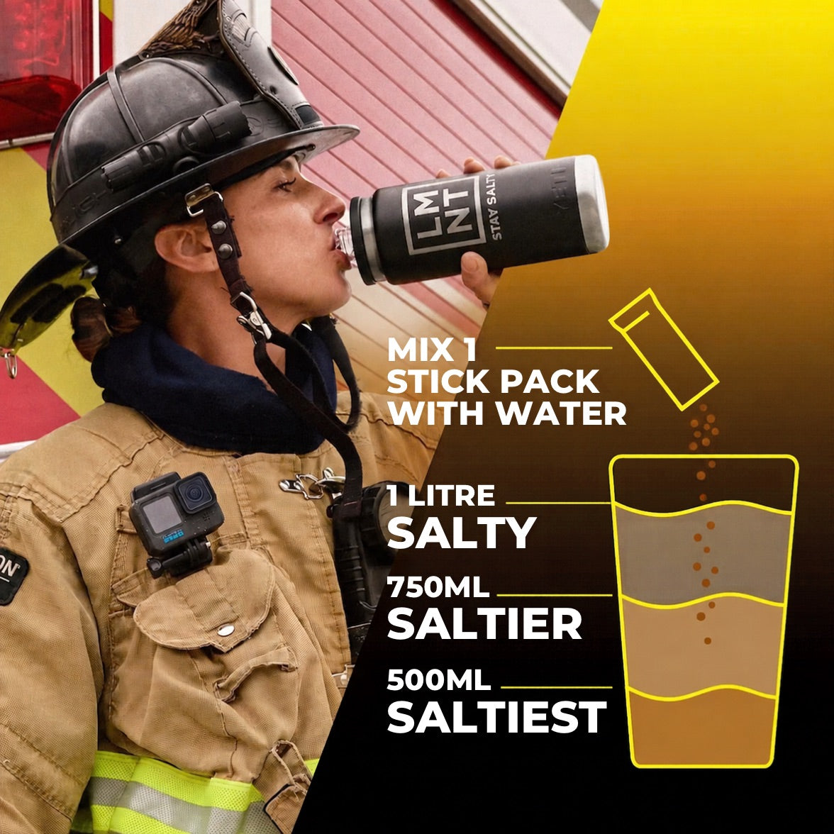 Firefighter drinking from an LMNT bottle beside a guide to mixing one Lemonade + Iced Tea stick pack with 500 ml, 750 ml or 1 litre of water.