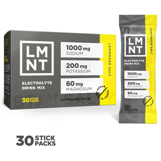 LMNT Lemonade Salt electrolyte drink mix, showing the 30-stick box and one individual sachet.