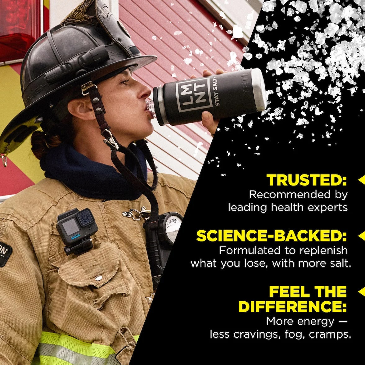 Firefighter drinking from an LMNT bottle beside Lemonade Salt promotional text about hydration and energy.