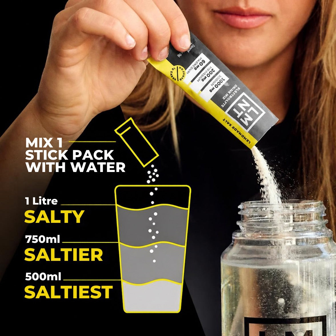 Lemonade Salt being poured into a bottle, with a mixing guide showing 1 litre for salty, 750 ml for saltier and 500 ml for saltiest.
