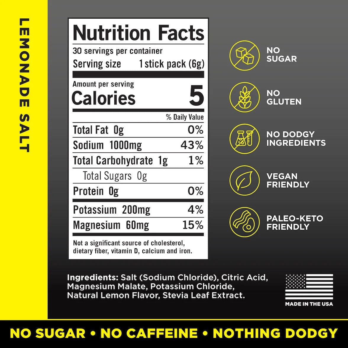 LMNT Lemonade Salt nutrition facts and ingredients, showing 1,000 mg sodium, 200 mg potassium, 60 mg magnesium and 0 g sugar per stick pack.