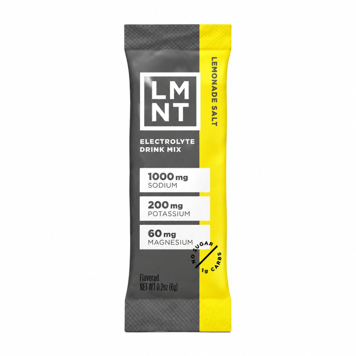 LMNT Lemonade Salt electrolyte drink mix single stick sachet on a white background.