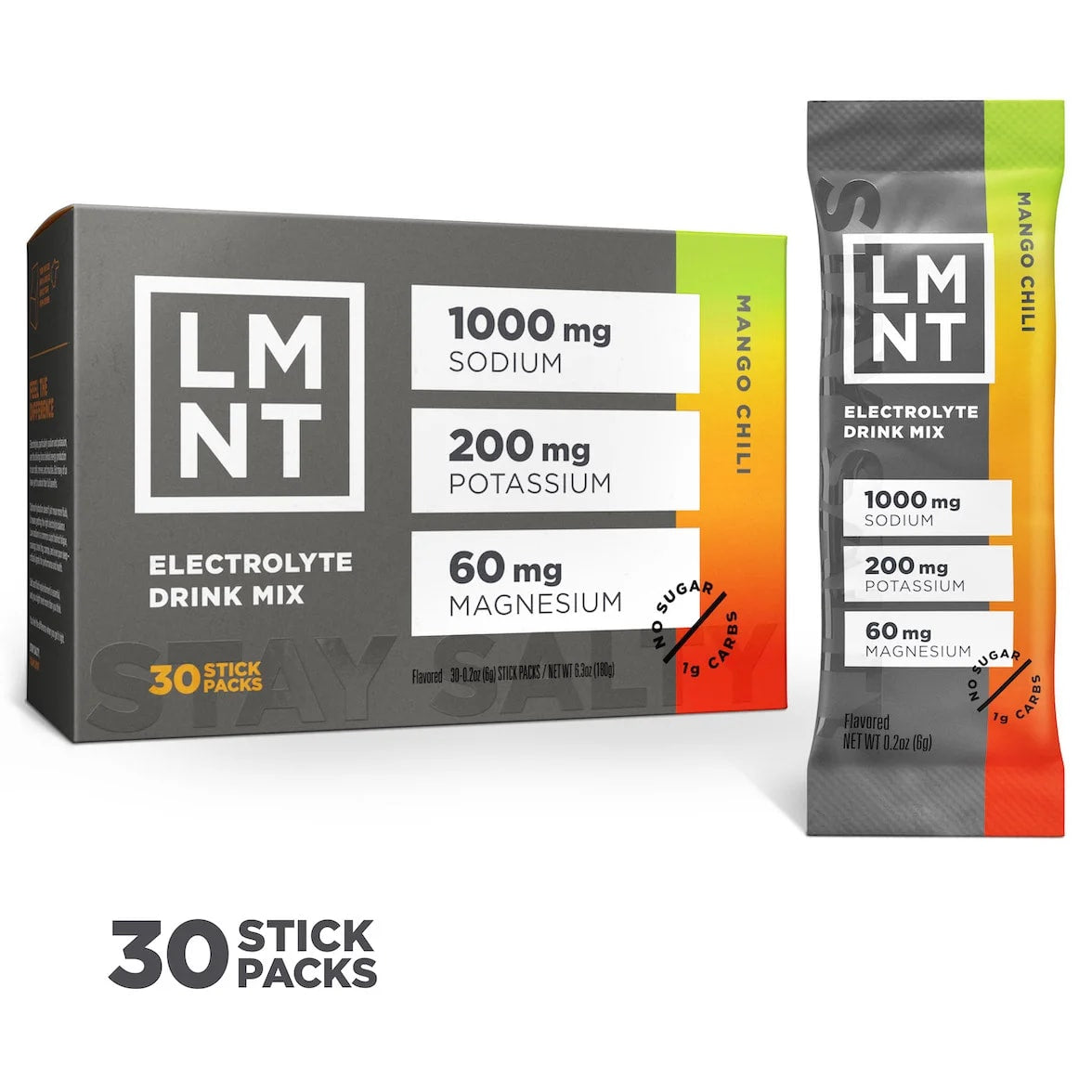 LMNT Mango Chili electrolyte drink mix, showing the 30-stick box and one sachet.