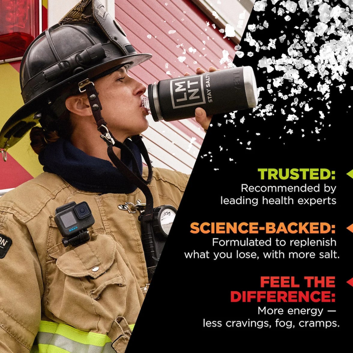 Firefighter drinking from an LMNT bottle beside Mango Chili promotional text about hydration and energy.