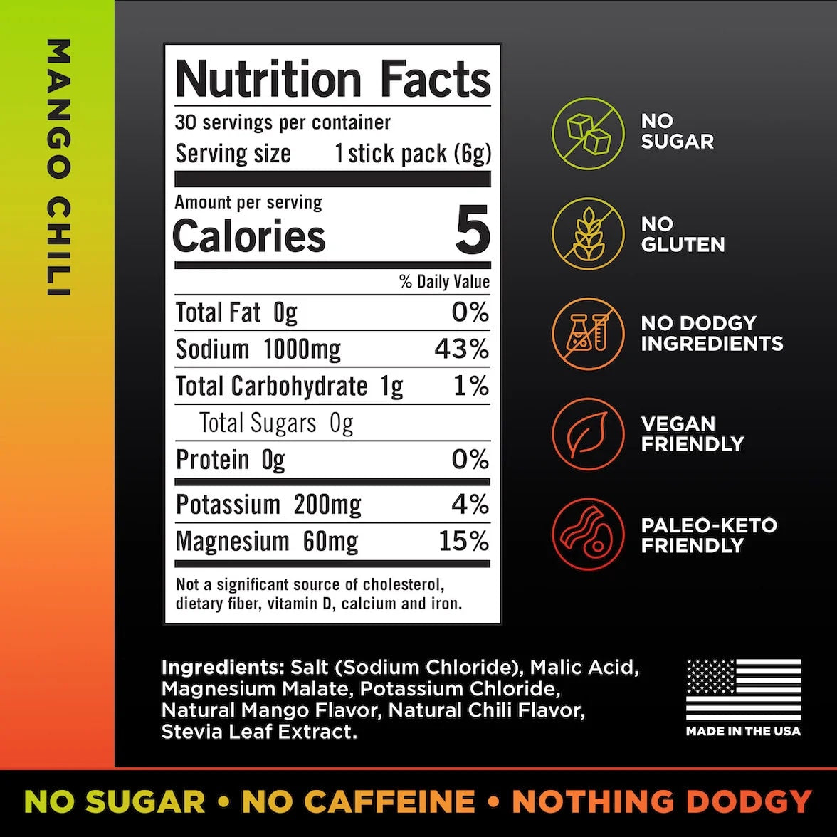 LMNT Mango Chili nutrition facts and ingredients, showing 1,000 mg sodium, 200 mg potassium, 60 mg magnesium and 0 g sugar per stick pack.