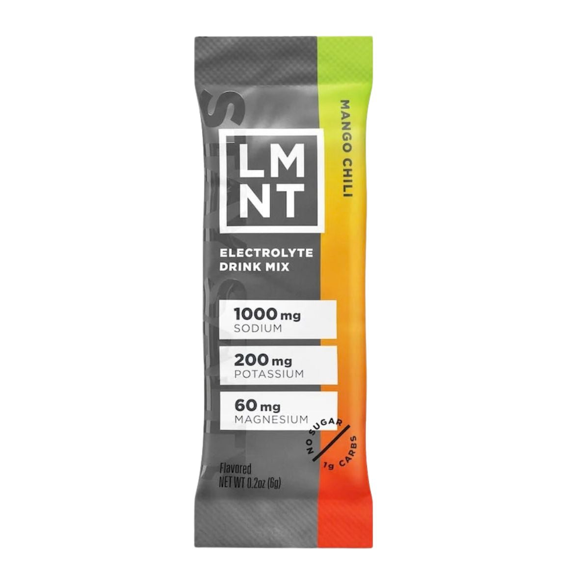 LMNT Mango Chili electrolyte drink mix single stick sachet on a white background.