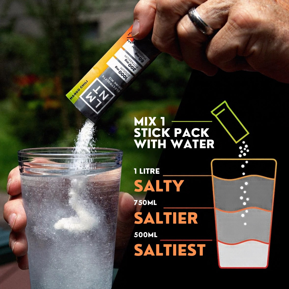 LMNT Mango Chili powder poured into water, with a guide to mixing one stick pack in 500 ml, 750 ml or 1 litre of water.