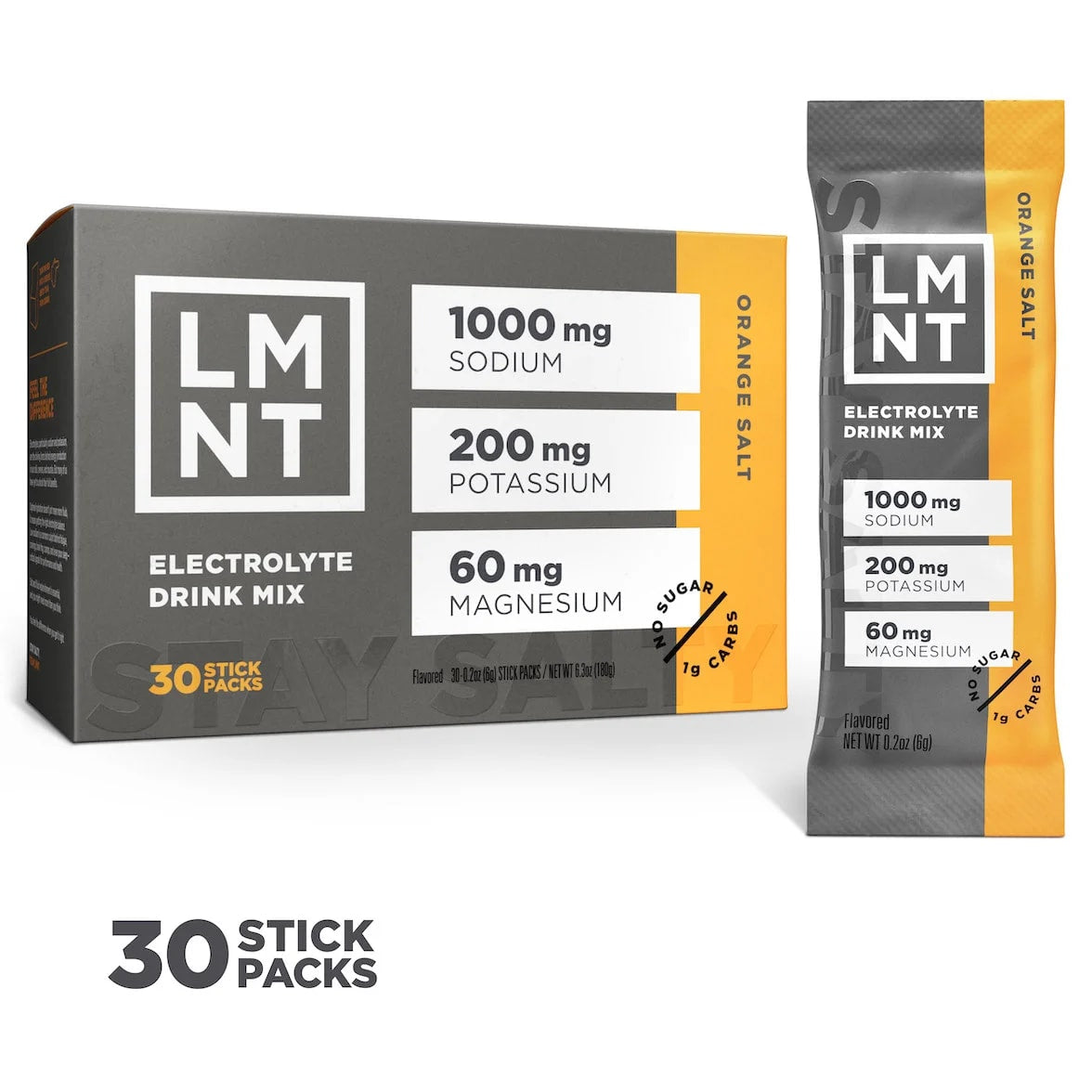 LMNT Orange Salt electrolyte drink mix, showing the 30-stick box and one individual sachet.
