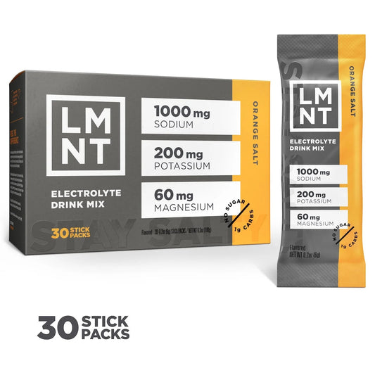 LMNT Orange Salt electrolyte drink mix, showing the 30-stick box and one individual sachet.