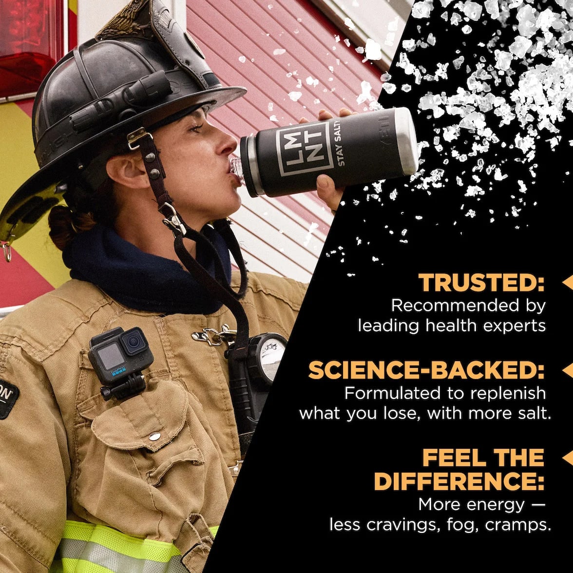 Firefighter drinking from a black LMNT bottle beside text promoting the drink’s hydration benefits.