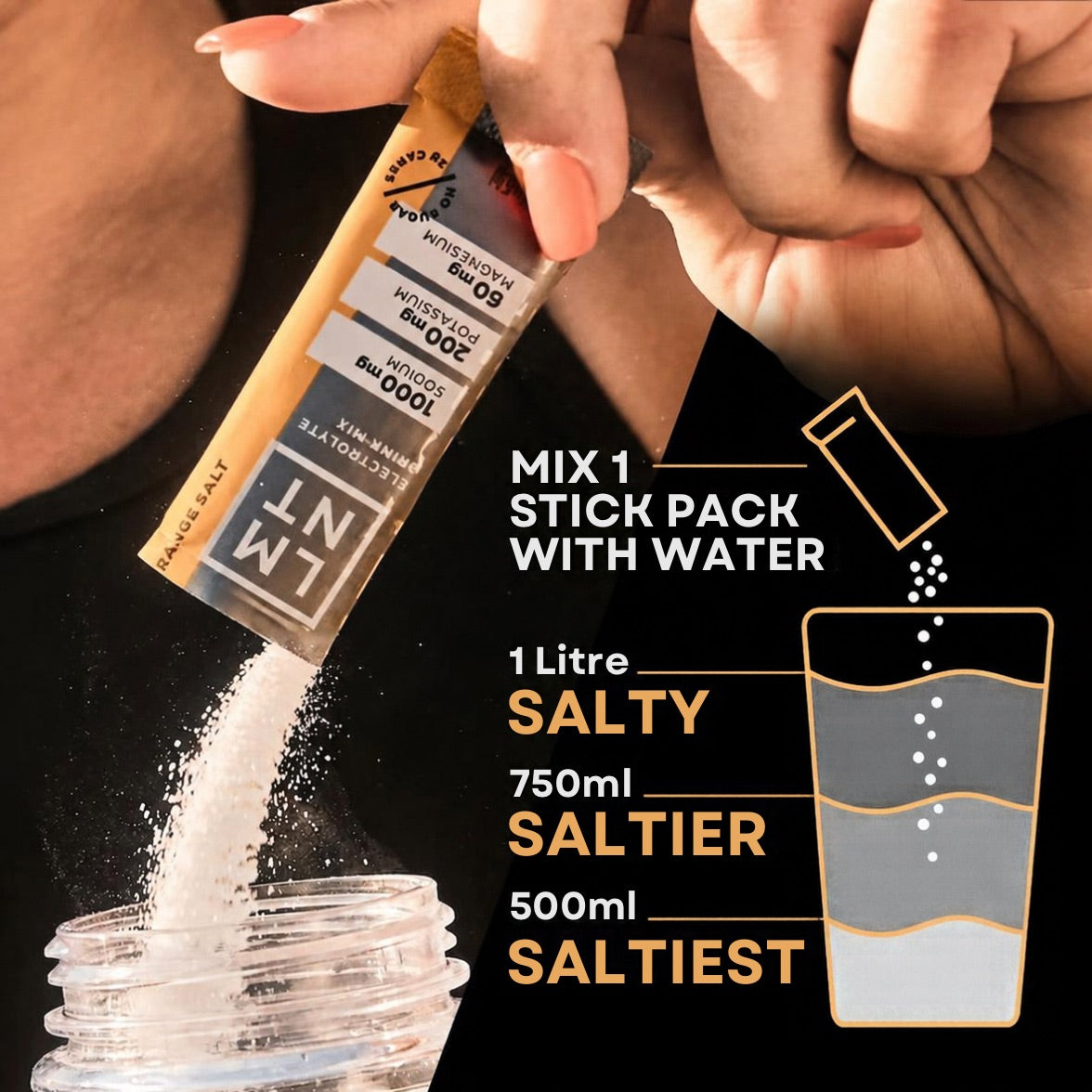 LMNT Orange Salt stick pack being poured into water, with a guide showing 1 litre for salty, 750 ml for saltier and 500 ml for saltiest.