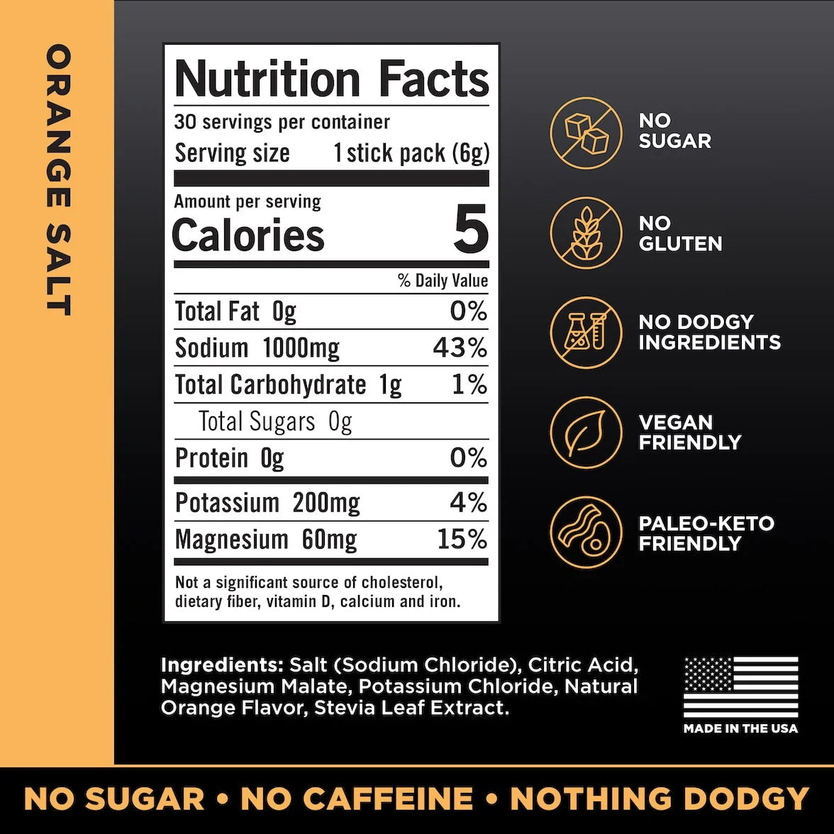 LMNT Orange Salt nutrition label showing 1,000 mg sodium, 200 mg potassium, 60 mg magnesium and 0 g sugar per stick.