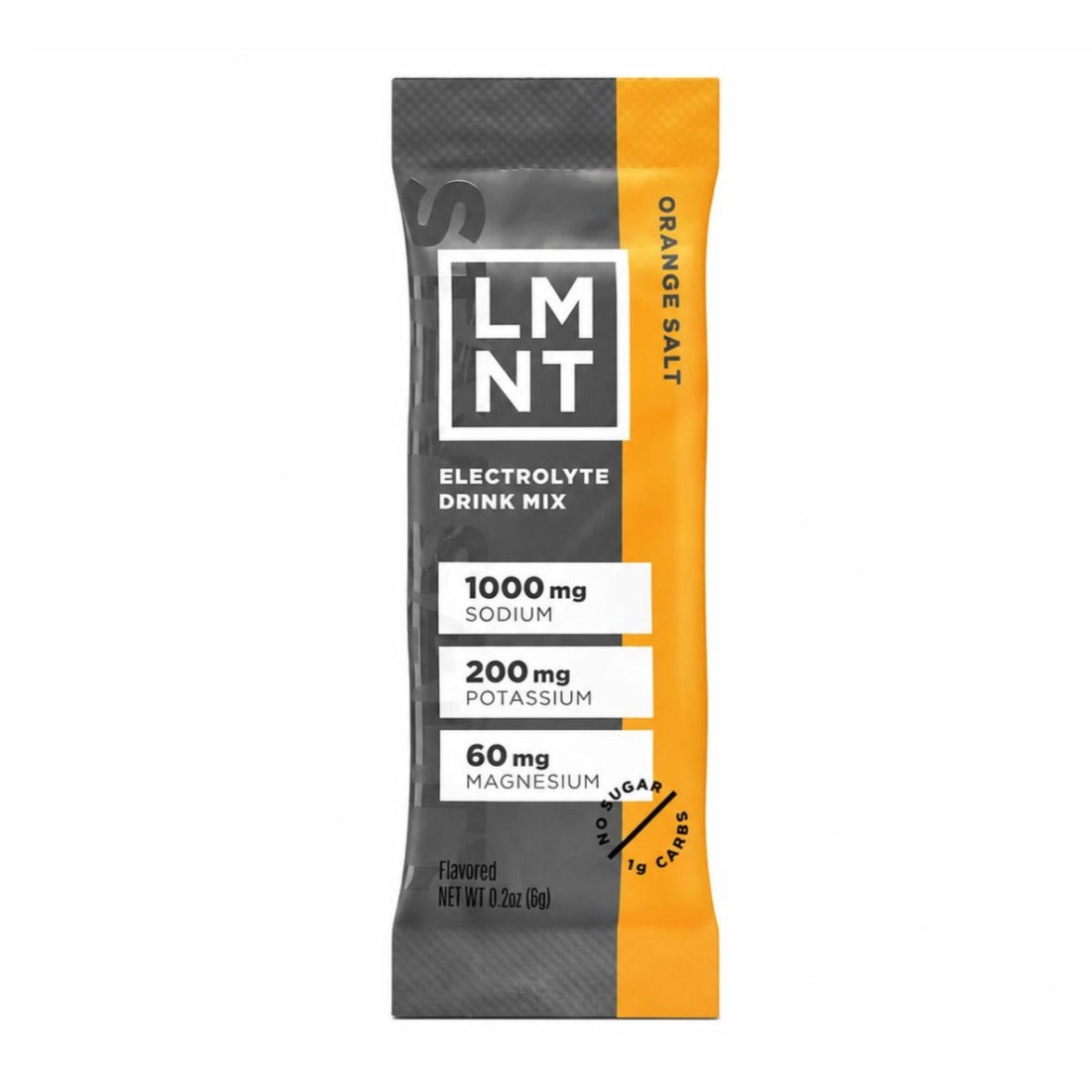 LMNT Orange Salt electrolyte drink mix single stick sachet on a white background.
