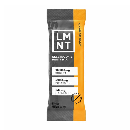 LMNT Orange Salt electrolyte drink mix single stick sachet on a white background.