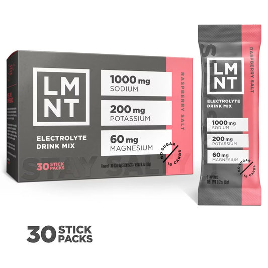 LMNT Raspberry Salt electrolyte drink mix, showing the 30-stick box and one individual sachet.