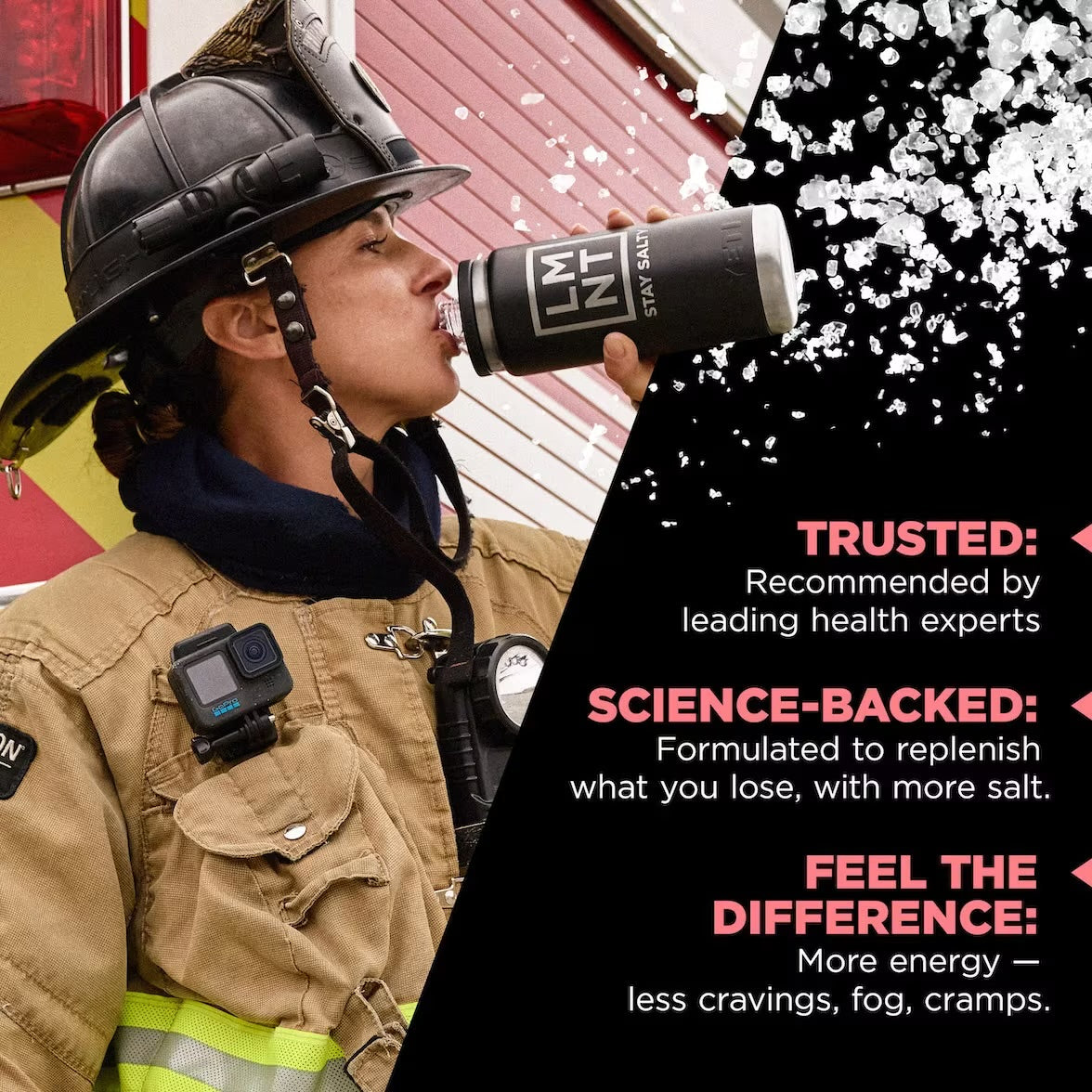 Firefighter drinking from a black LMNT bottle beside text promoting the drink’s hydration benefits.