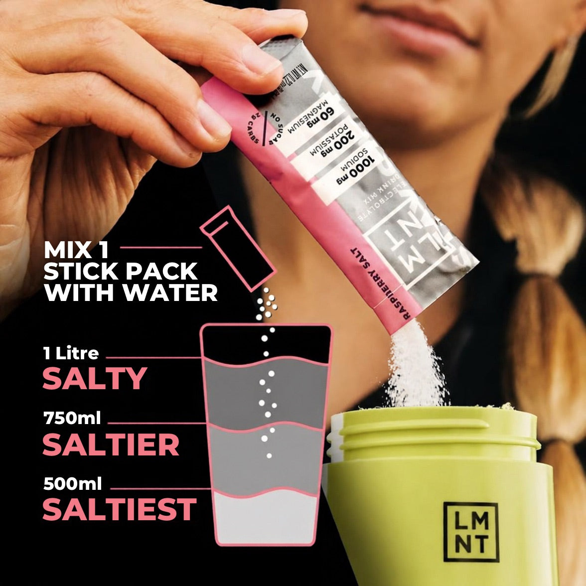 LMNT Raspberry Salt mixing guide: add one stick to 500 mL of water for the saltiest taste, 750 mL for saltier or 1 L for salty.