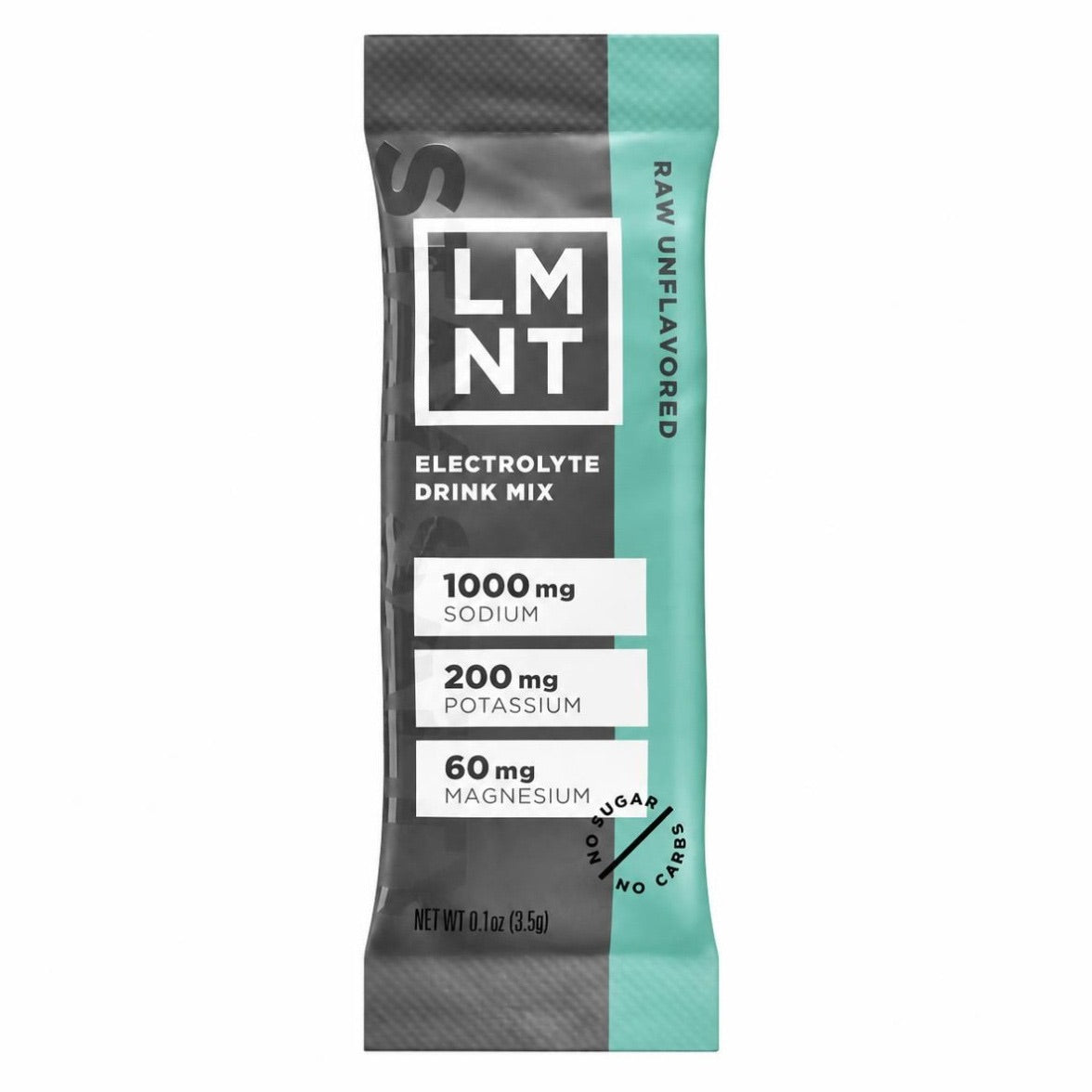 LMNT Raw Unflavored electrolyte drink mix single stick sachet on a white background.