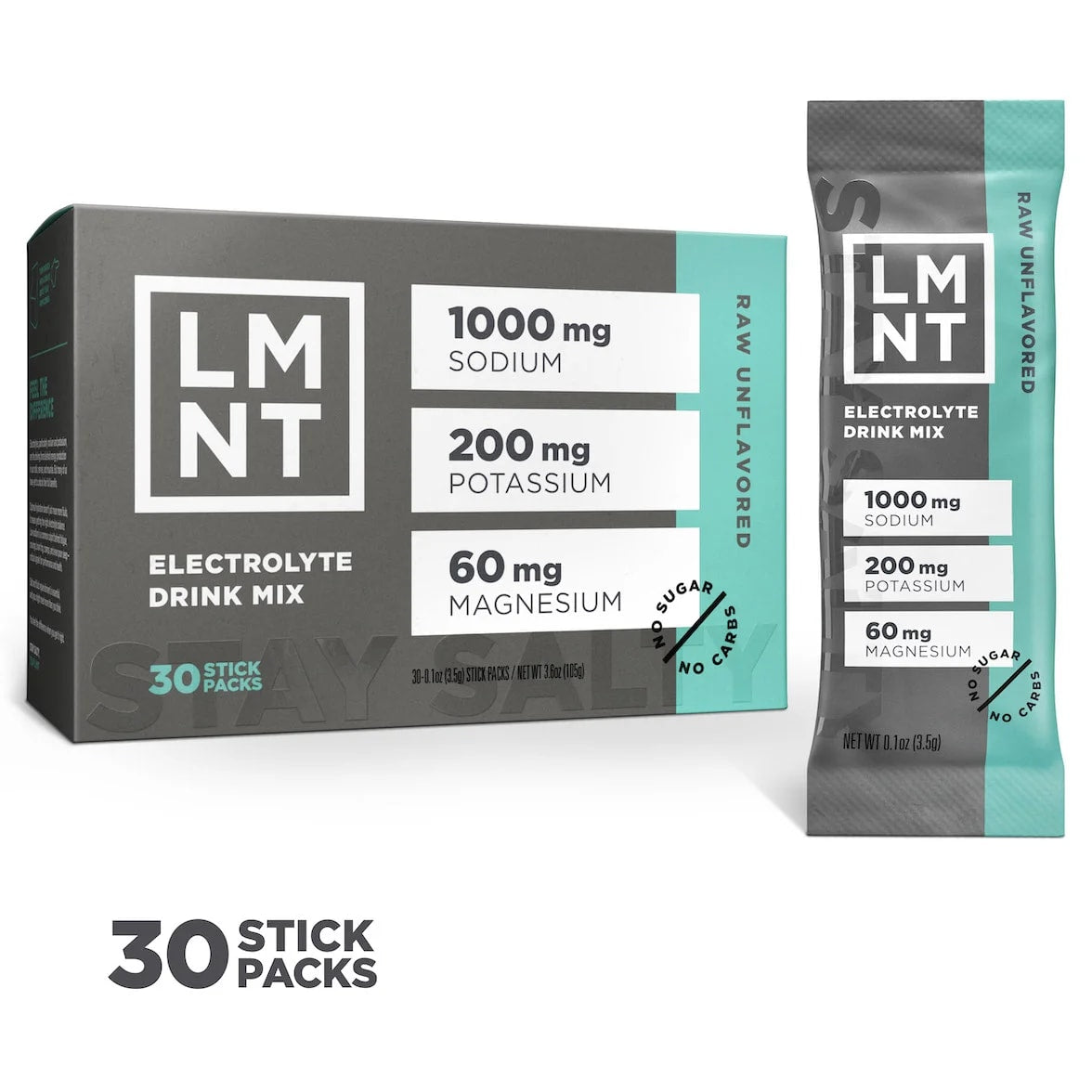 LMNT Raw Unflavoured electrolyte drink mix, showing the 30-stick box and one sachet.