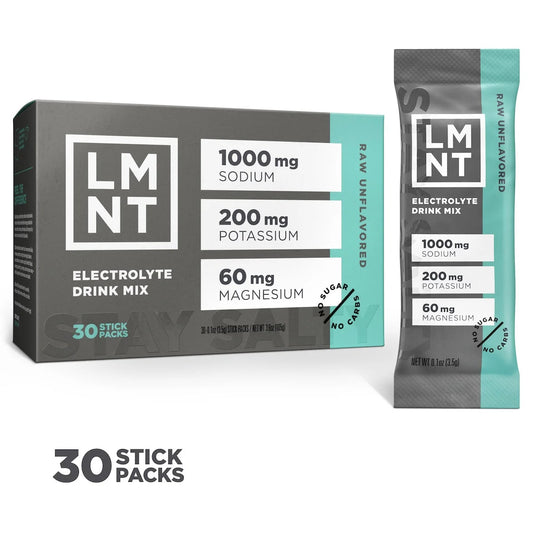 LMNT Raw Unflavoured electrolyte drink mix, showing the 30-stick box and one sachet.