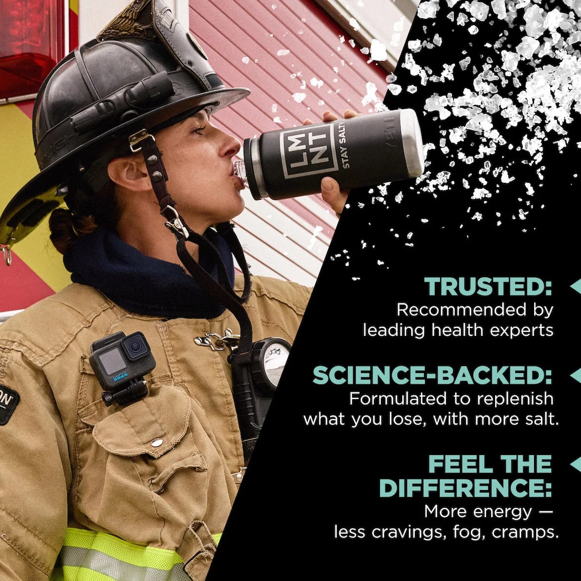 Firefighter drinking from an LMNT bottle beside Raw Unflavoured promotional text about hydration and energy.