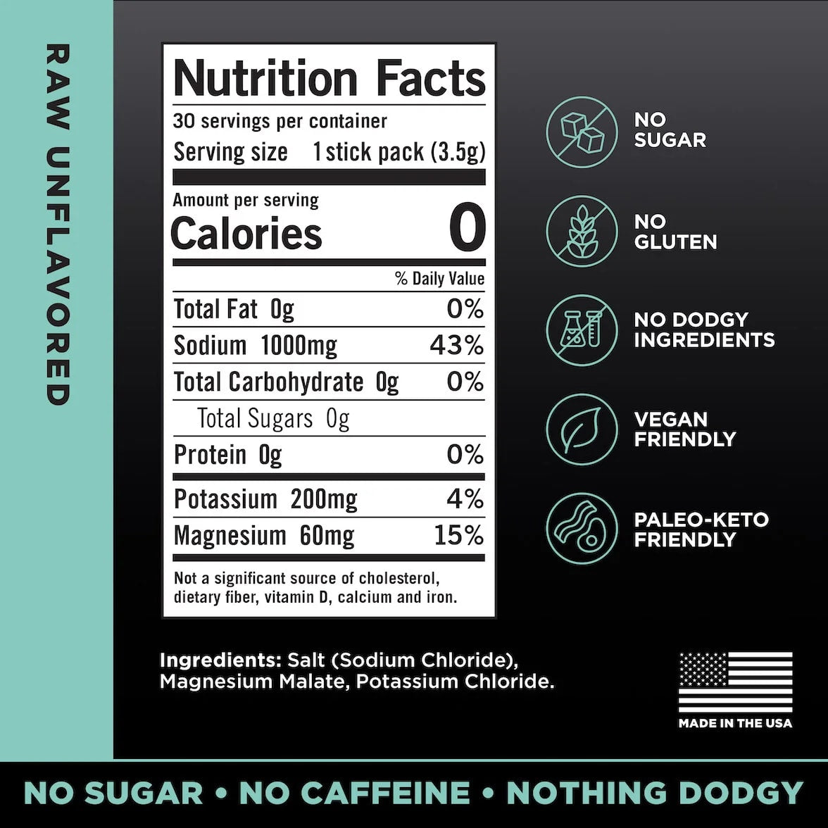 LMNT Raw Unflavoured nutrition facts and ingredients, showing 1,000 mg sodium, 200 mg potassium, 60 mg magnesium and 0 g sugar per stick pack.