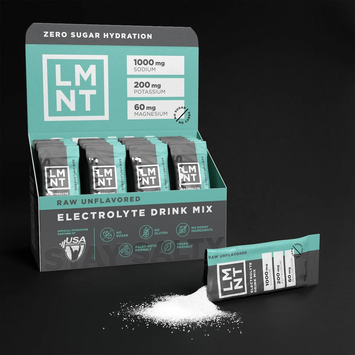 Open box of LMNT Raw Unflavoured stick packs with one sachet beside a small pile of electrolyte powder.
