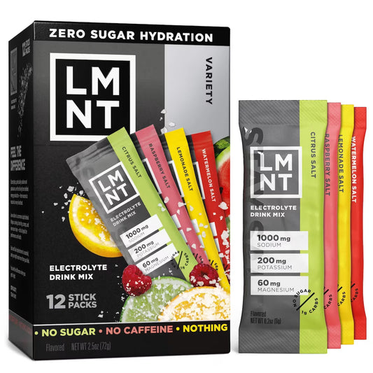 LMNT 12-stick variety pack box with Citrus Salt, Raspberry Salt, Lemonade Salt and Watermelon Salt sachets.