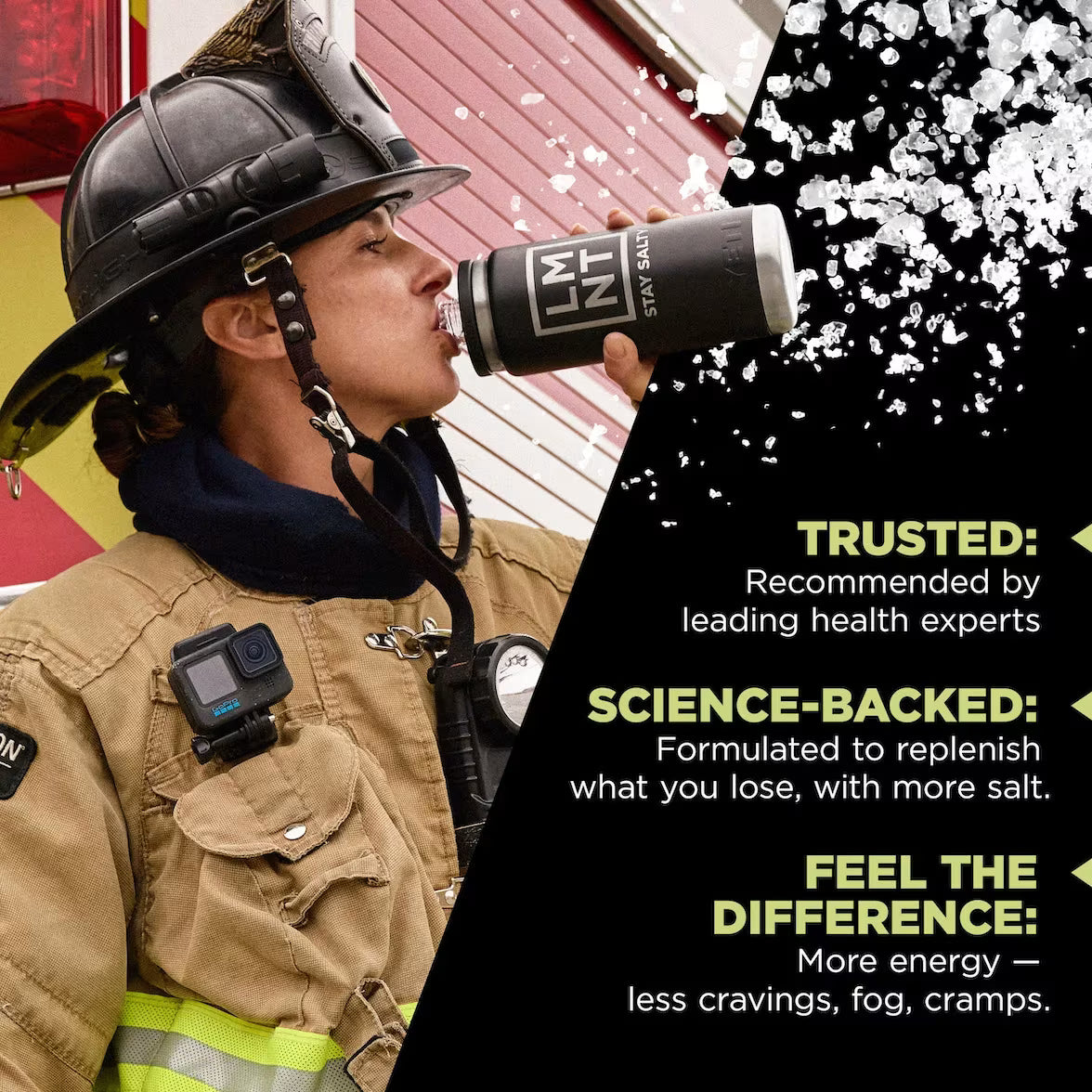 Firefighter drinking from an LMNT bottle beside promotional text about electrolyte replenishment, hydration and energy.
