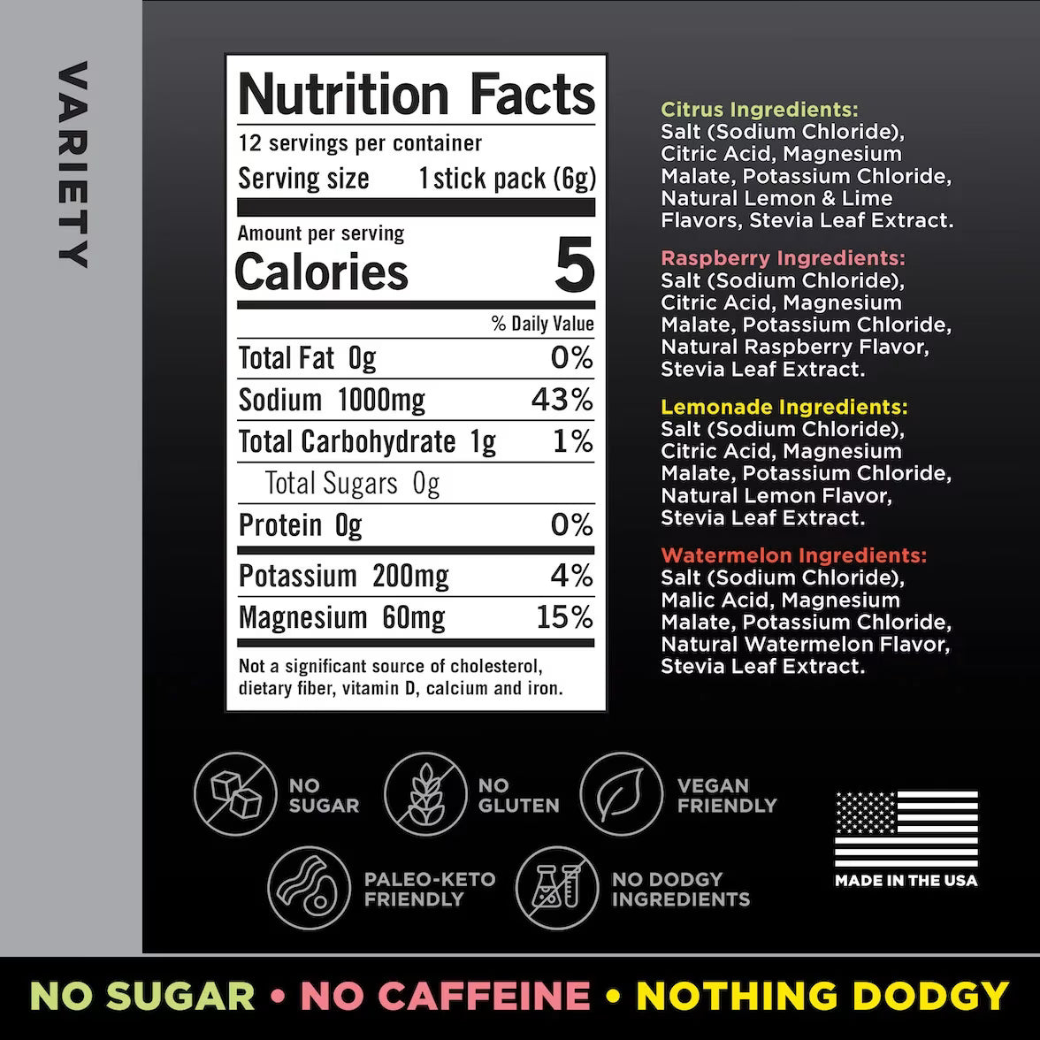 LMNT variety pack nutrition facts showing 1,000 mg sodium, 200 mg potassium and 60 mg magnesium per stick, with ingredients for all four flavours.