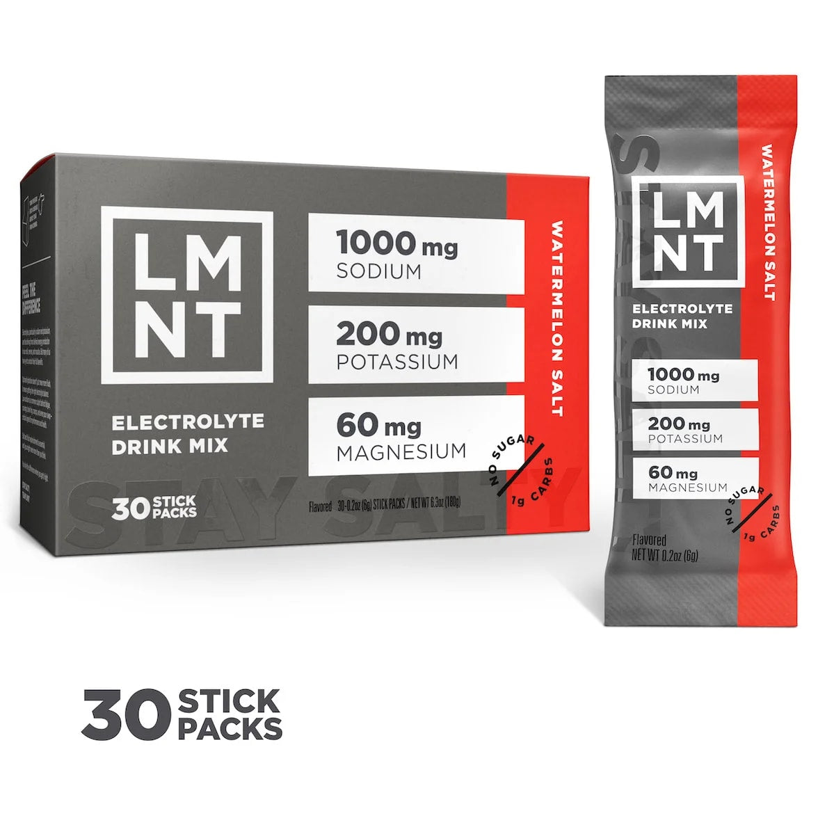 LMNT Watermelon Salt electrolyte drink mix, showing the 30-stick box and one individual sachet.