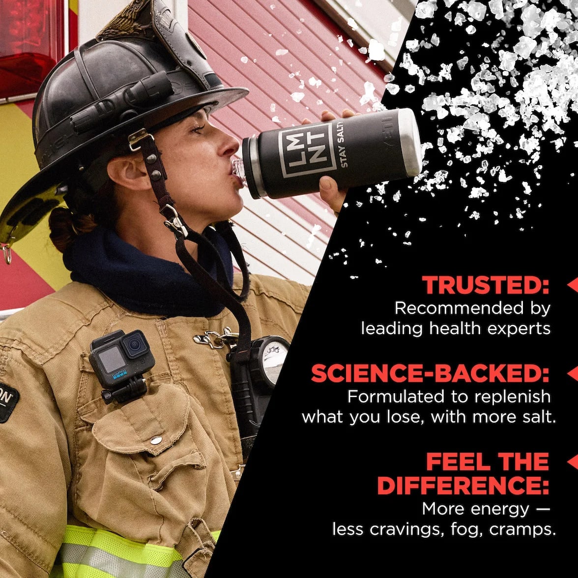 Firefighter drinking from an LMNT bottle beside text about hydration and energy.