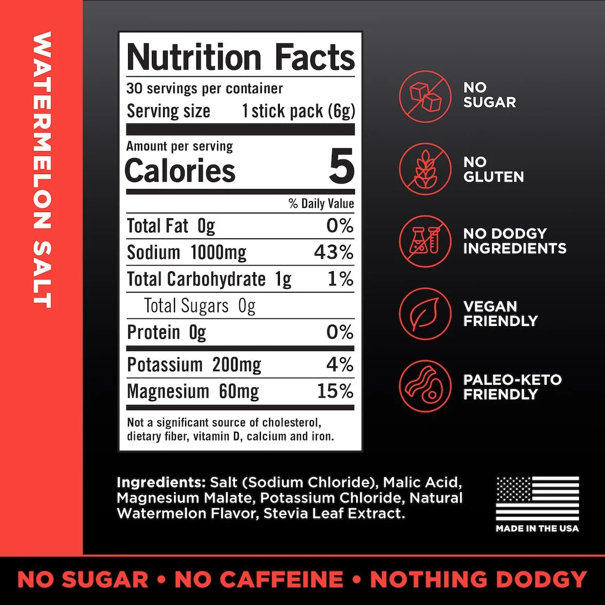 LMNT Watermelon Salt nutrition label showing 1,000 mg sodium, 200 mg potassium, 60 mg magnesium and 0 g sugar per stick pack.