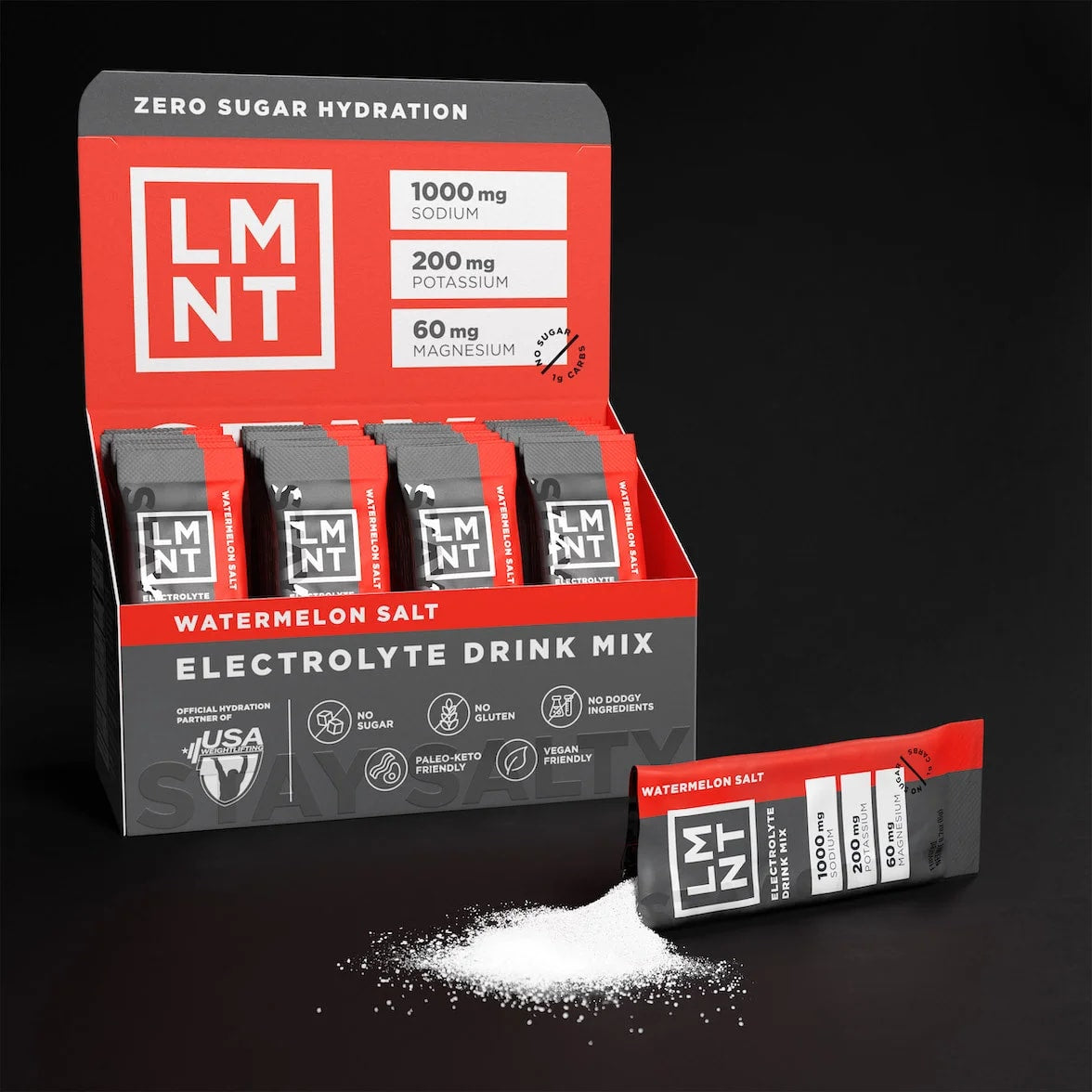 Open box of LMNT Watermelon Salt electrolyte drink mix with stick packs and one sachet beside a pile of powder.